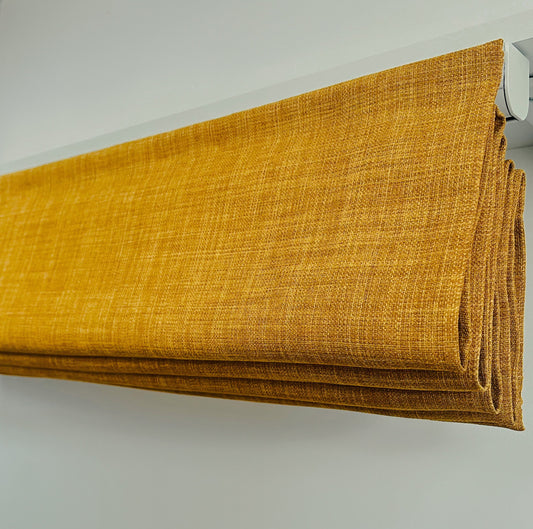 Clarke and Clarke Linoso Saffron Roman blind – handmade mustard yellow window blind by Green Bee Interiors