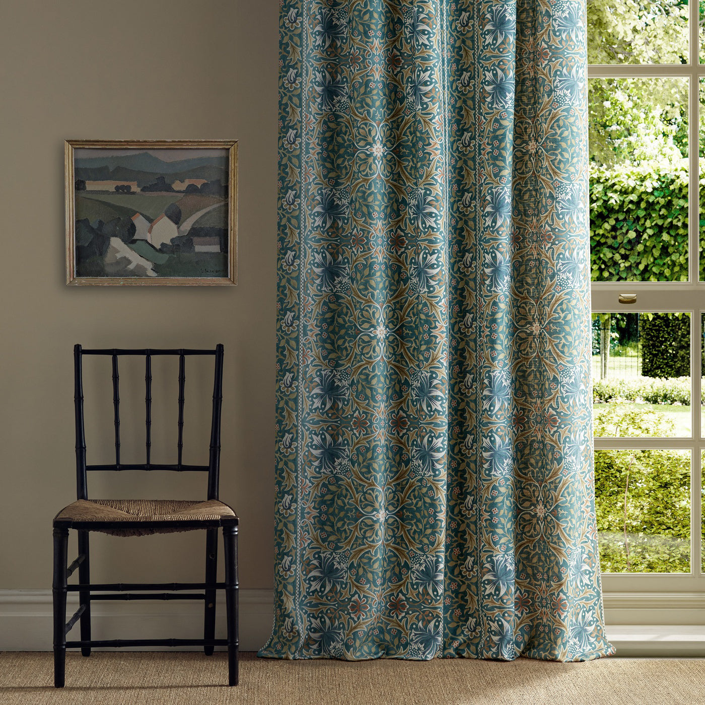 Morris Walthamstow Teal/Ochre Fabric By The Metre