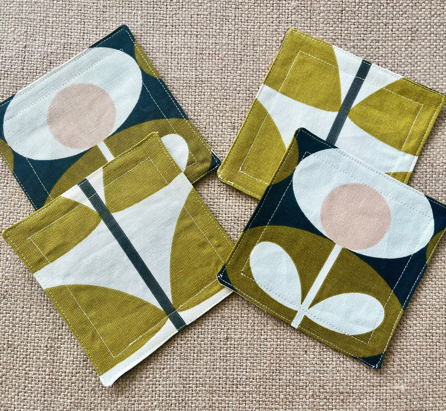 Olive Green Retro Drinks Coasters x 2 - Olive Oval & Olive Stem, Set of Double-Sided Cotton Coasters Mid Century Scandi Print
