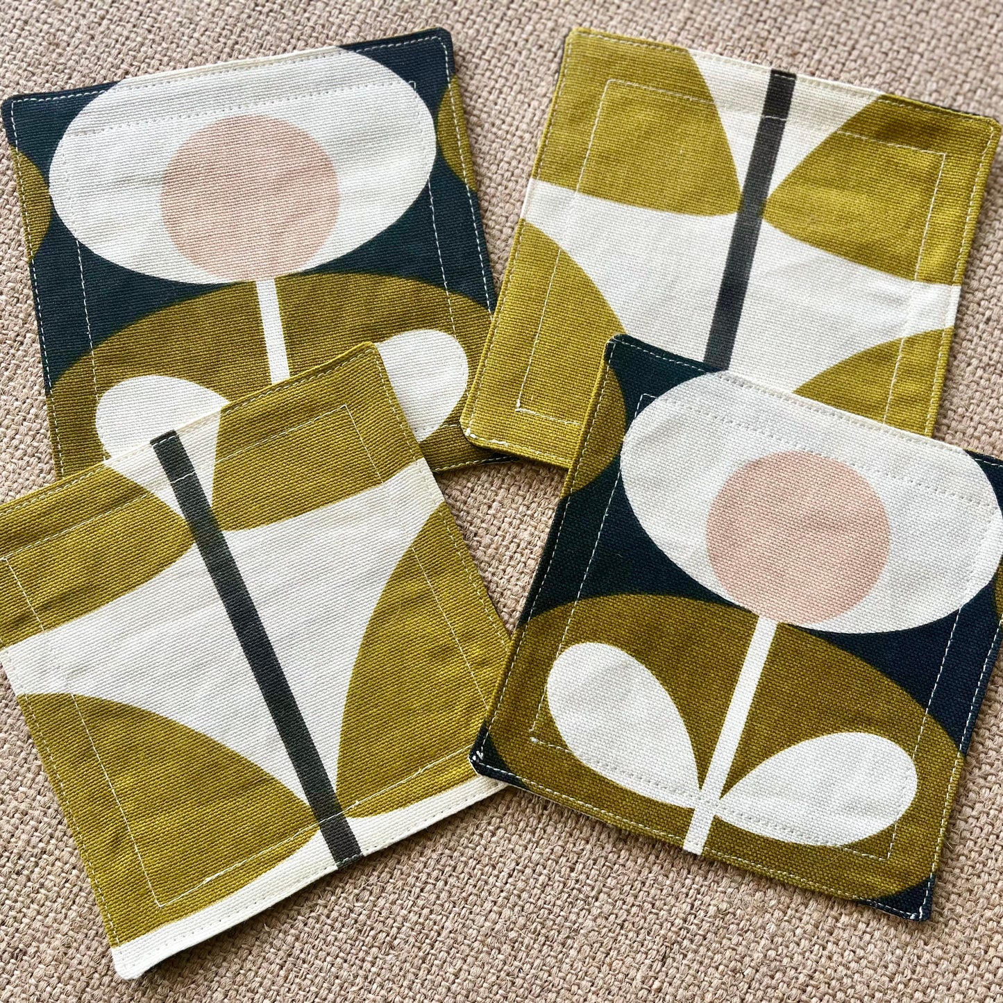 Olive Green Retro Drinks Coasters x 2 - Olive Oval & Olive Stem, Set of Double-Sided Cotton Coasters Mid Century Scandi Print