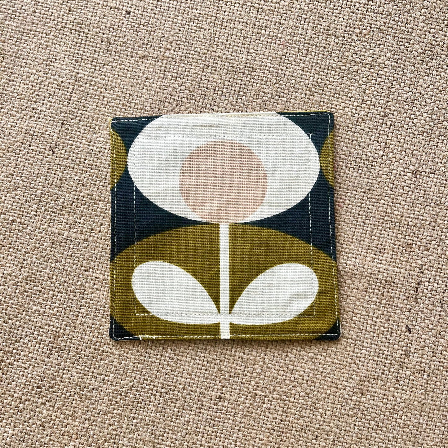 Olive Green Retro Drinks Coasters x 2 - Olive Oval & Olive Stem, Set of Double-Sided Cotton Coasters Mid Century Scandi Print