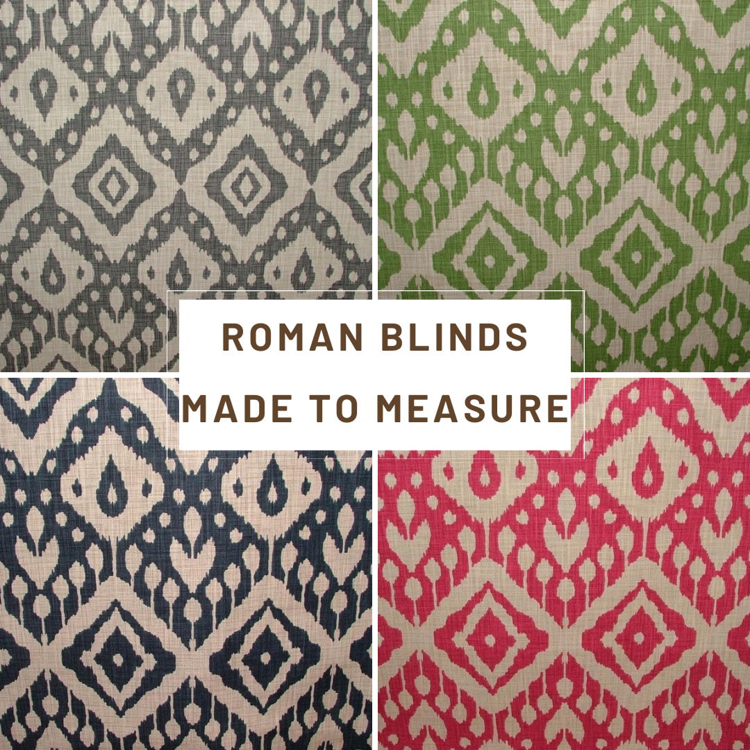 Custom Handmade Roman Blinds Moroccan Ikat Fabric - 4 Colours, Made-to-Measure, Standard or Blackout Lining, Cord/Cleat or Chain Head Rails