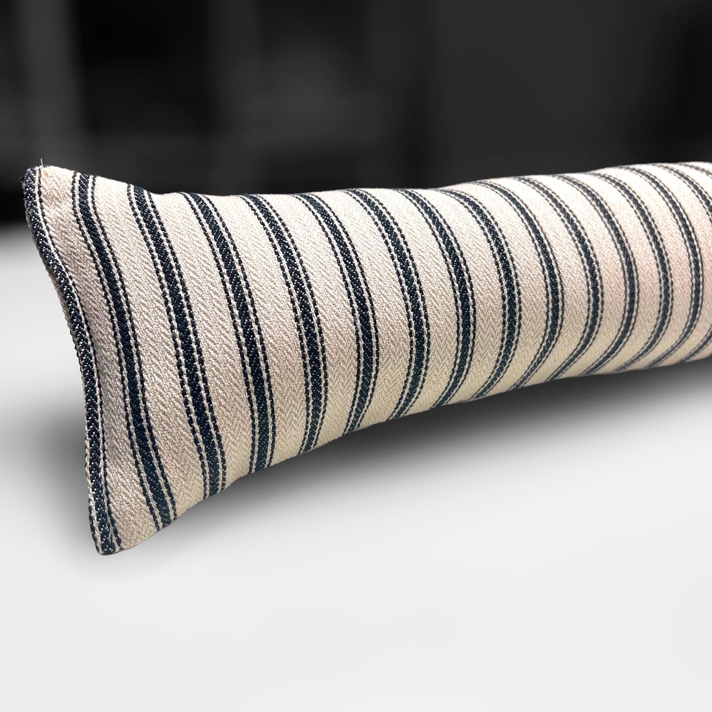 Black French Ticking Stripe Draught Excluder – 70-200cm, Weighted Home Insulation