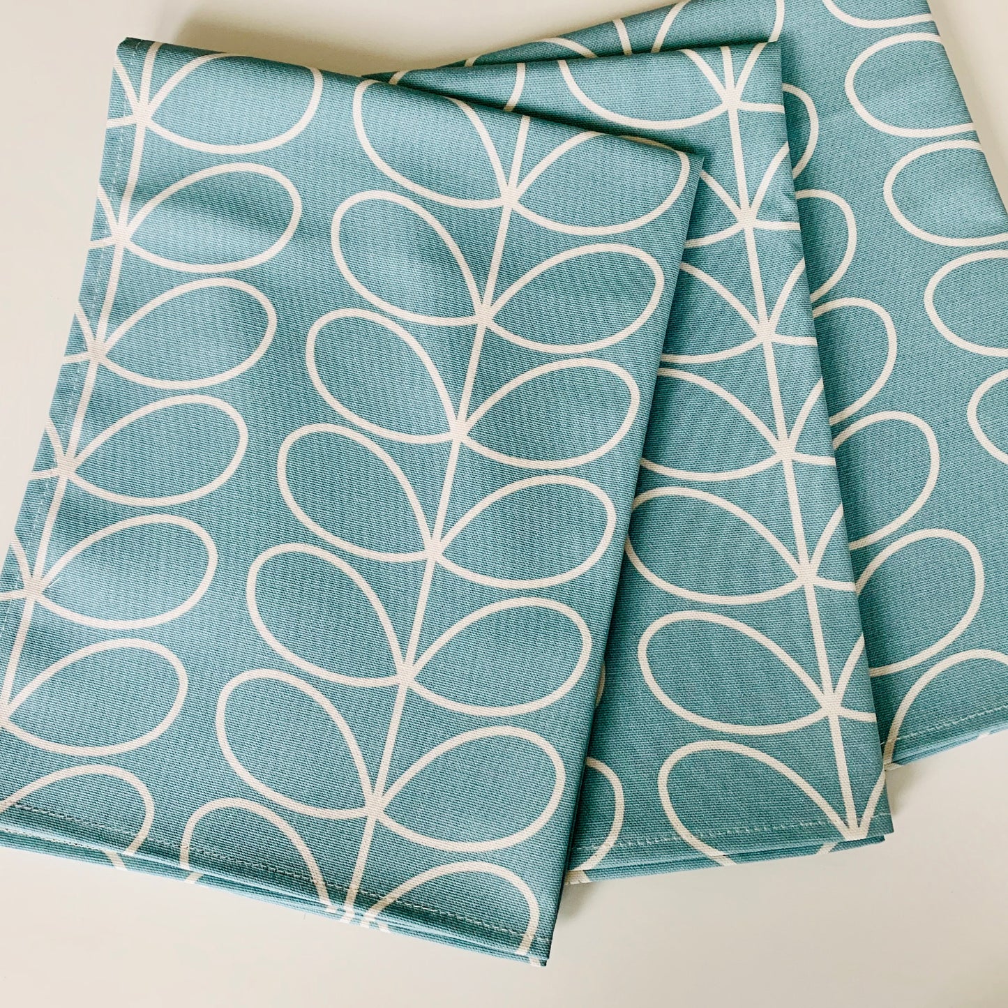 Retro Pale Blue Stem Tea Towels, Orla Kiely Fabric, Set of 3, Singles, Handsewn