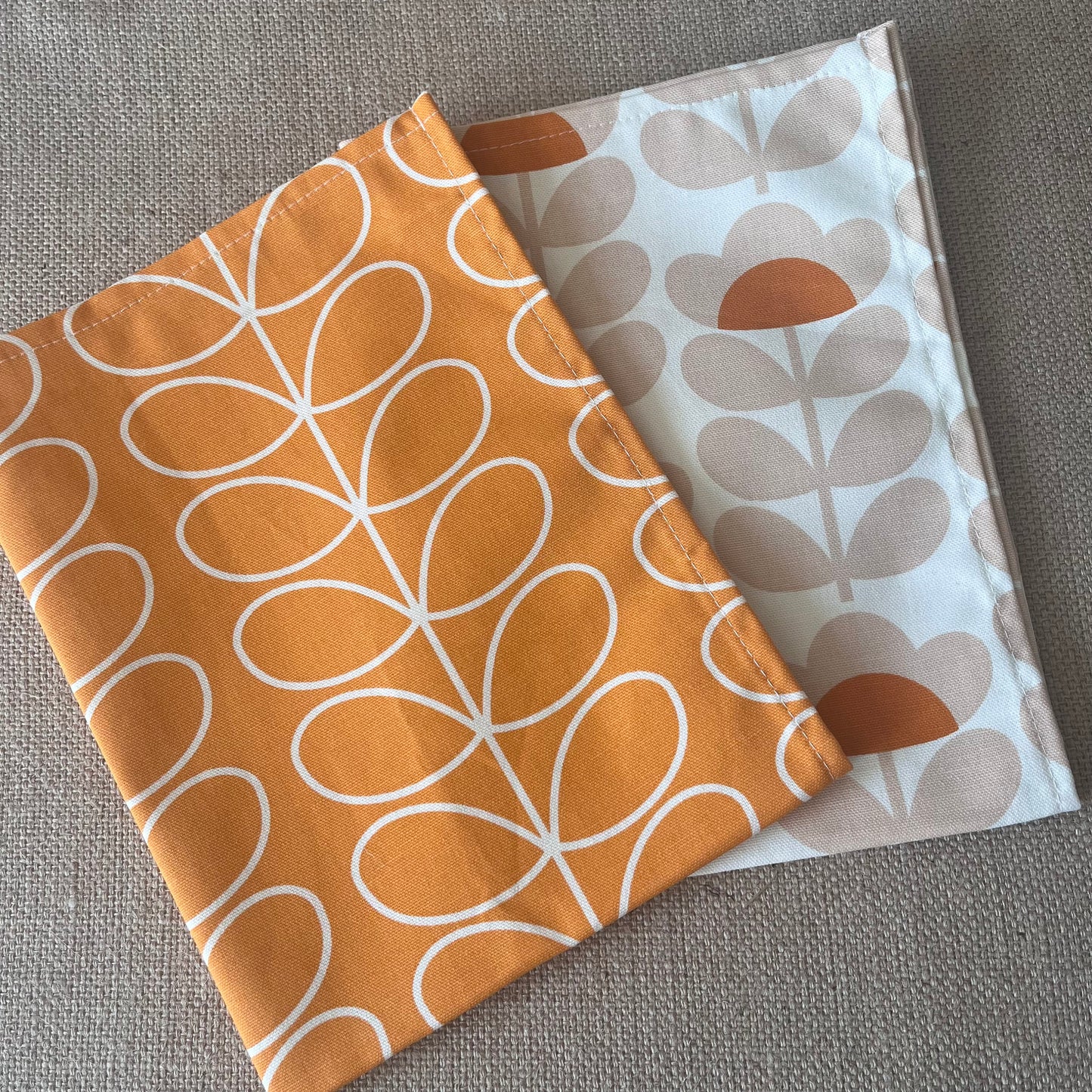 Retro Orange Stem Tea Towels, Papaya Orla Kiely Fabric, Set of 3, Singles, Handsewn