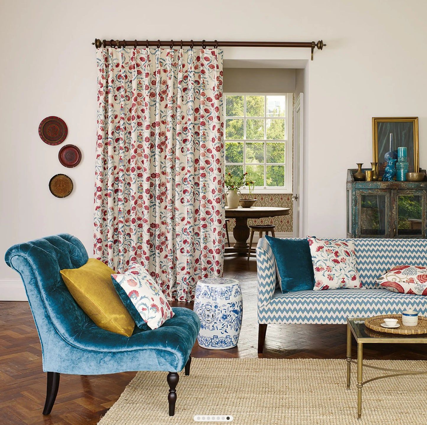 Sanderson Ottoman Flowers Cherry/Indigo Fabric By The Metre