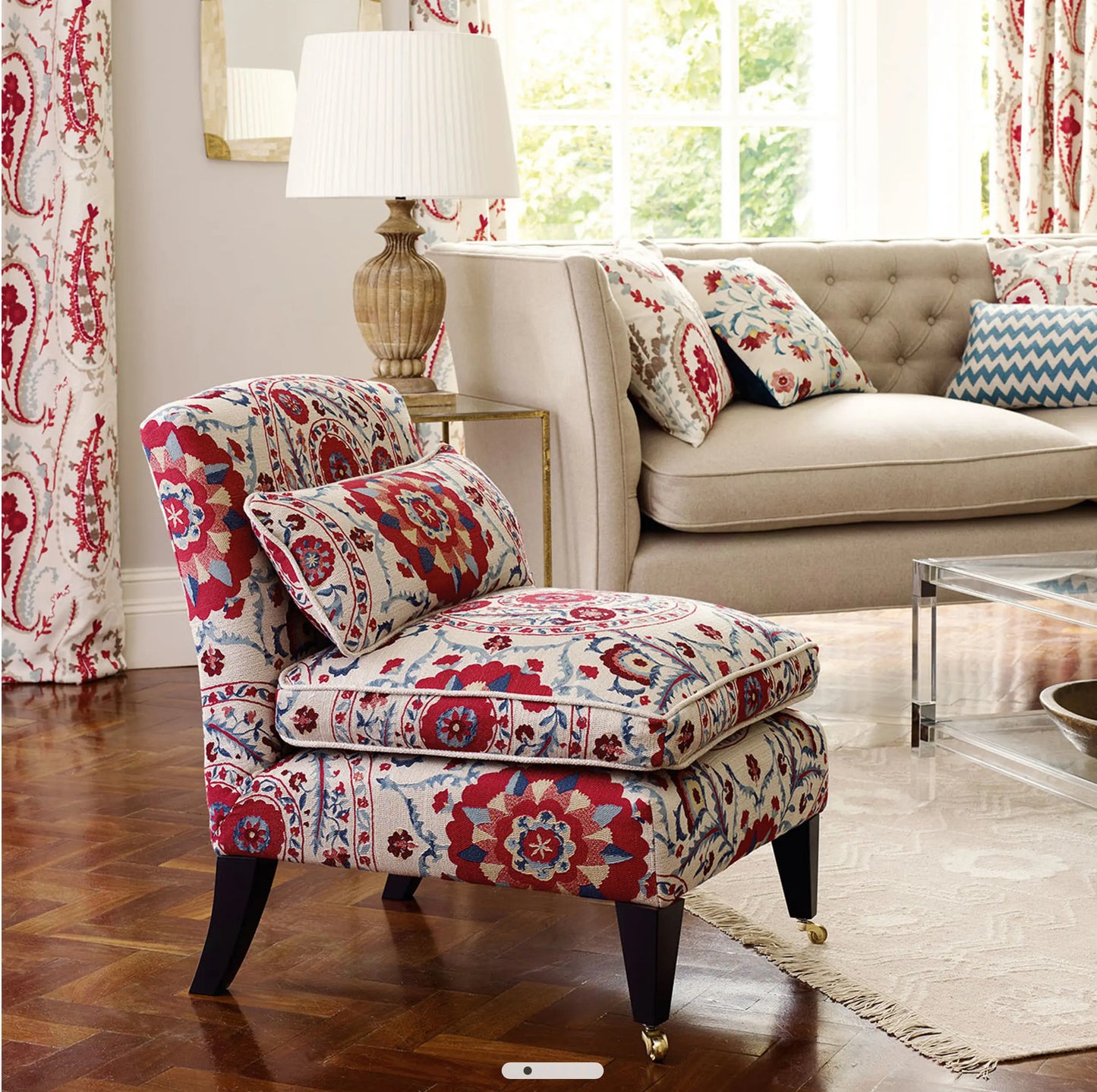 Sanderson Ottoman Flowers Cherry/Indigo Fabric By The Metre