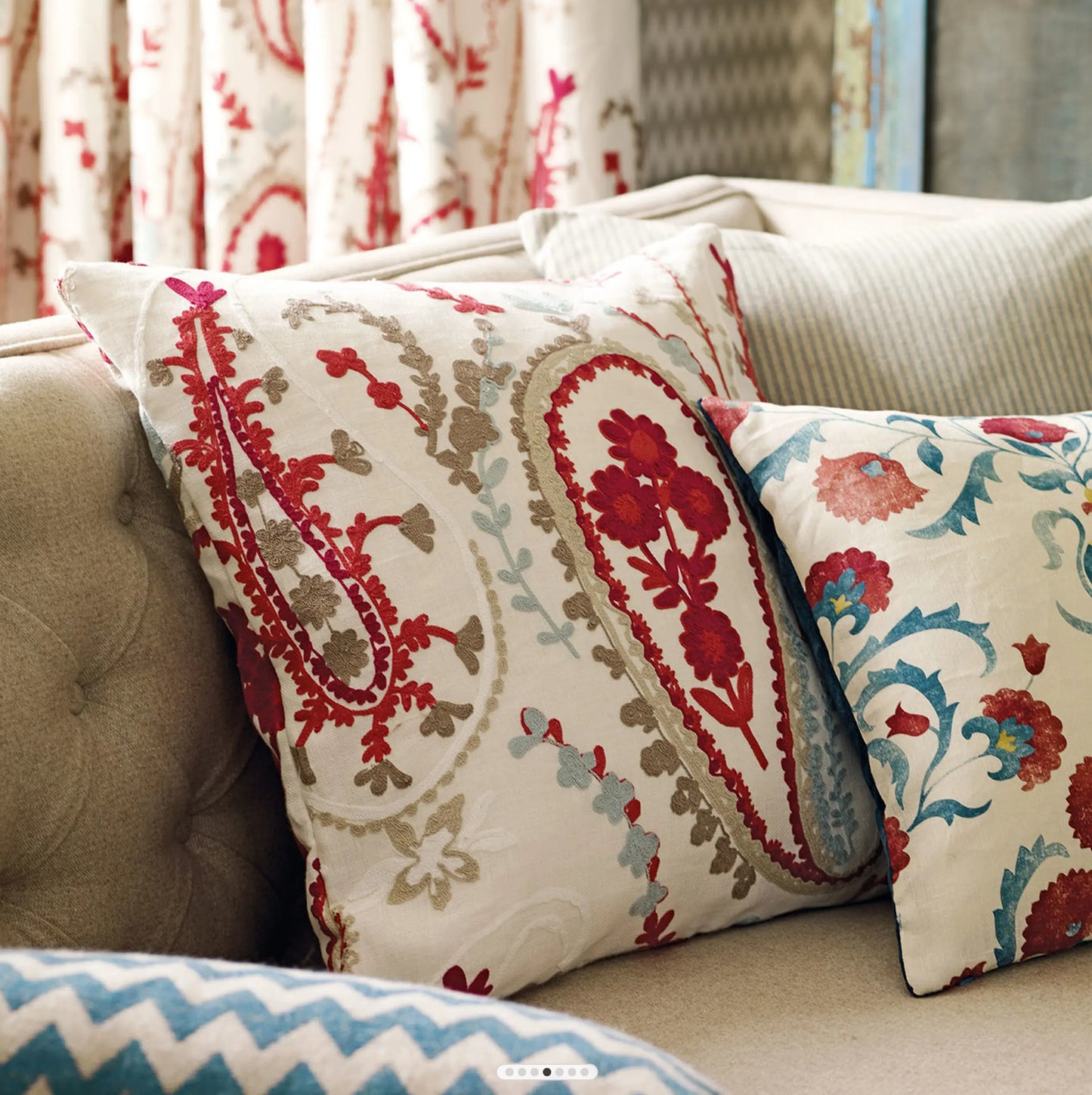 Sanderson Ottoman Flowers Cherry/Indigo Fabric By The Metre