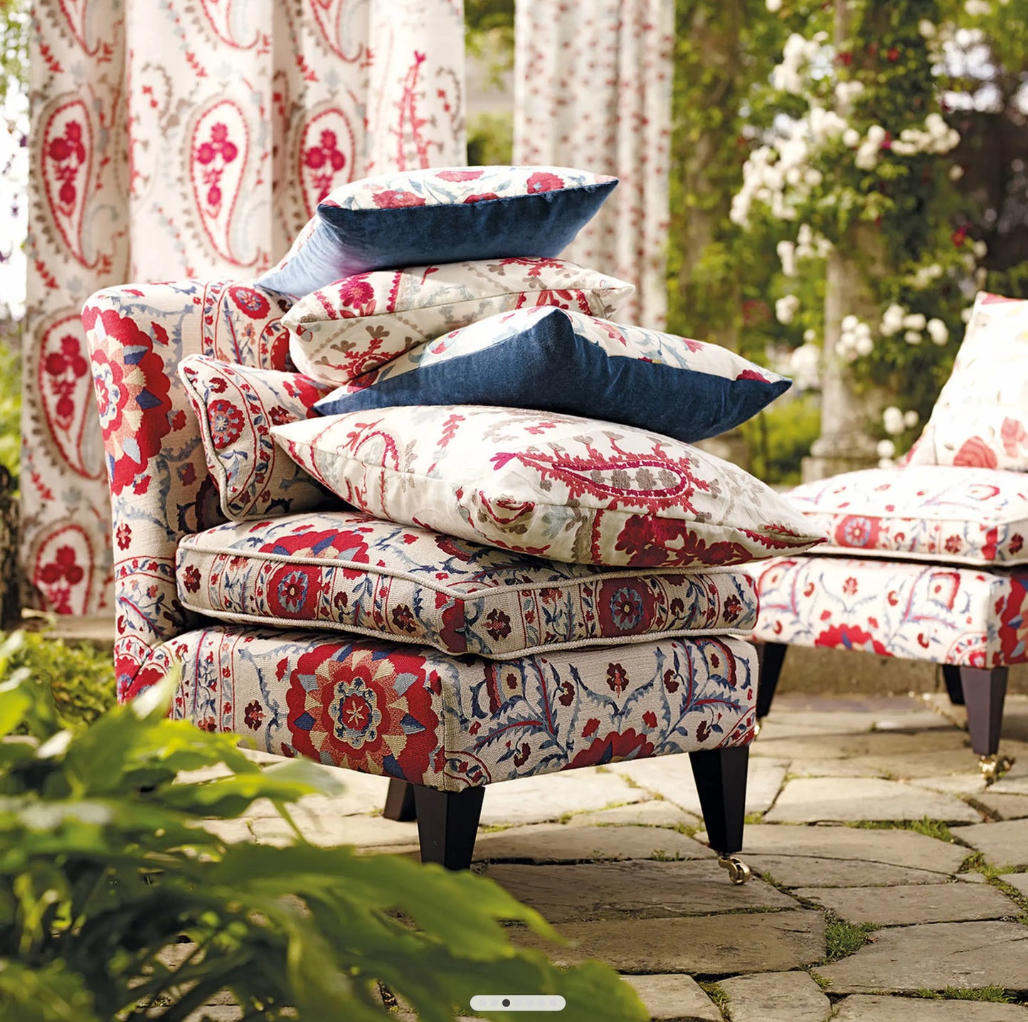 Sanderson Ottoman Flowers Cherry/Indigo Fabric By The Metre