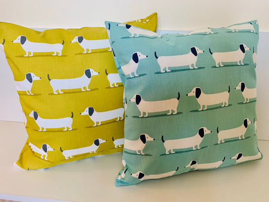 Dachshund Print Cushion Covers - Double-Sided, 16” Duck Egg Blue & Mustard Yellow