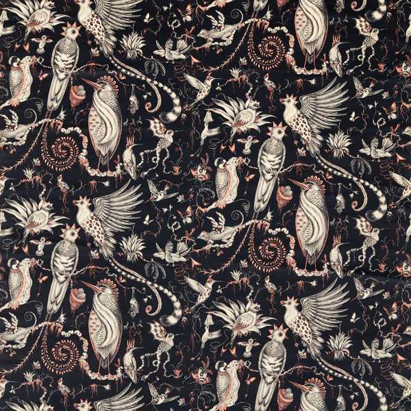 Patterned fabric with birds and floral designs on a dark background