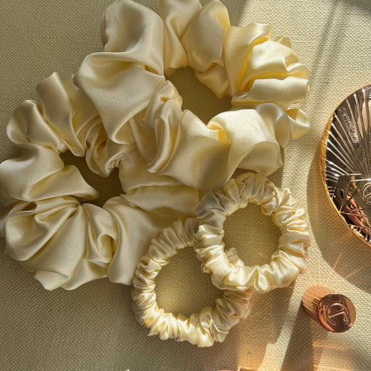 Cream Satin Scrunchies Set - Handmade Silk Hair Accessories