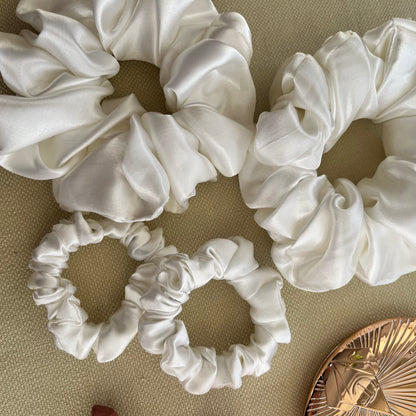 Ivory Satin Scrunchies Set - Handmade Silk Hair Accessories