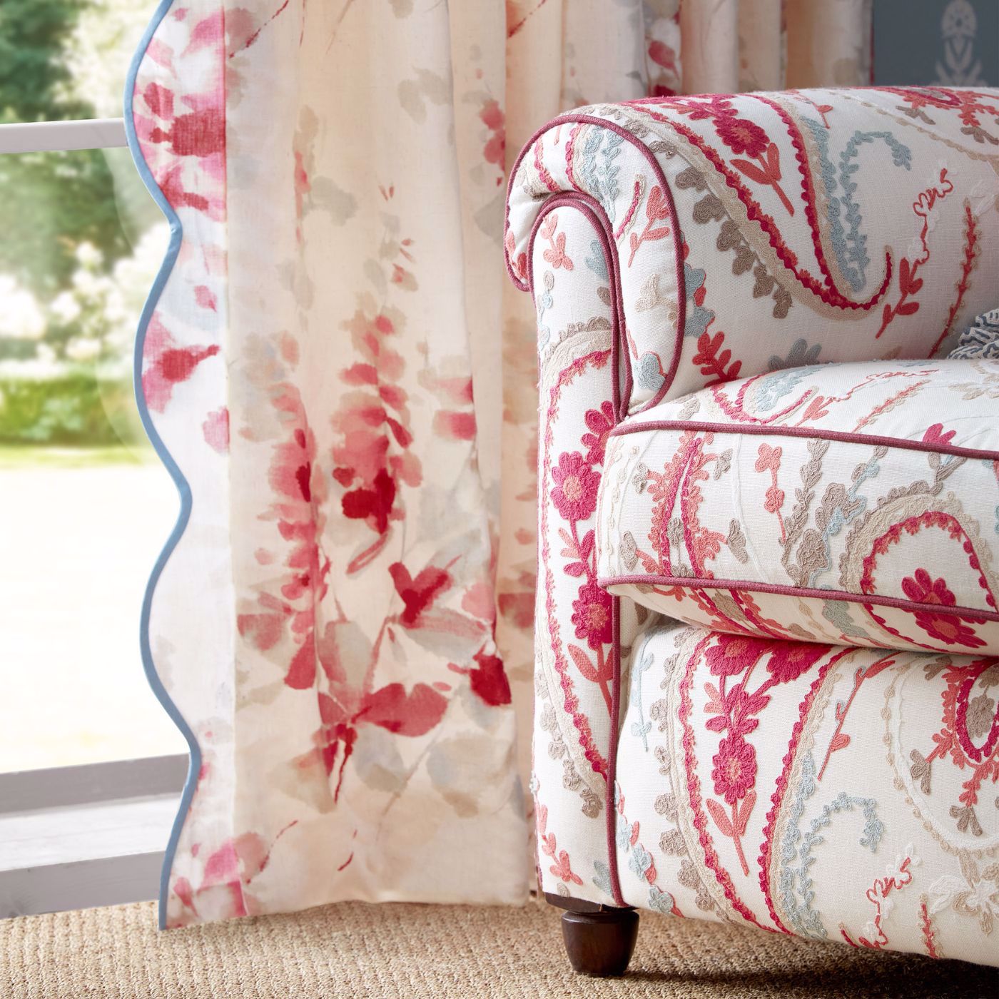 Sanderson Delphiniums Coral Fabric By The Metre