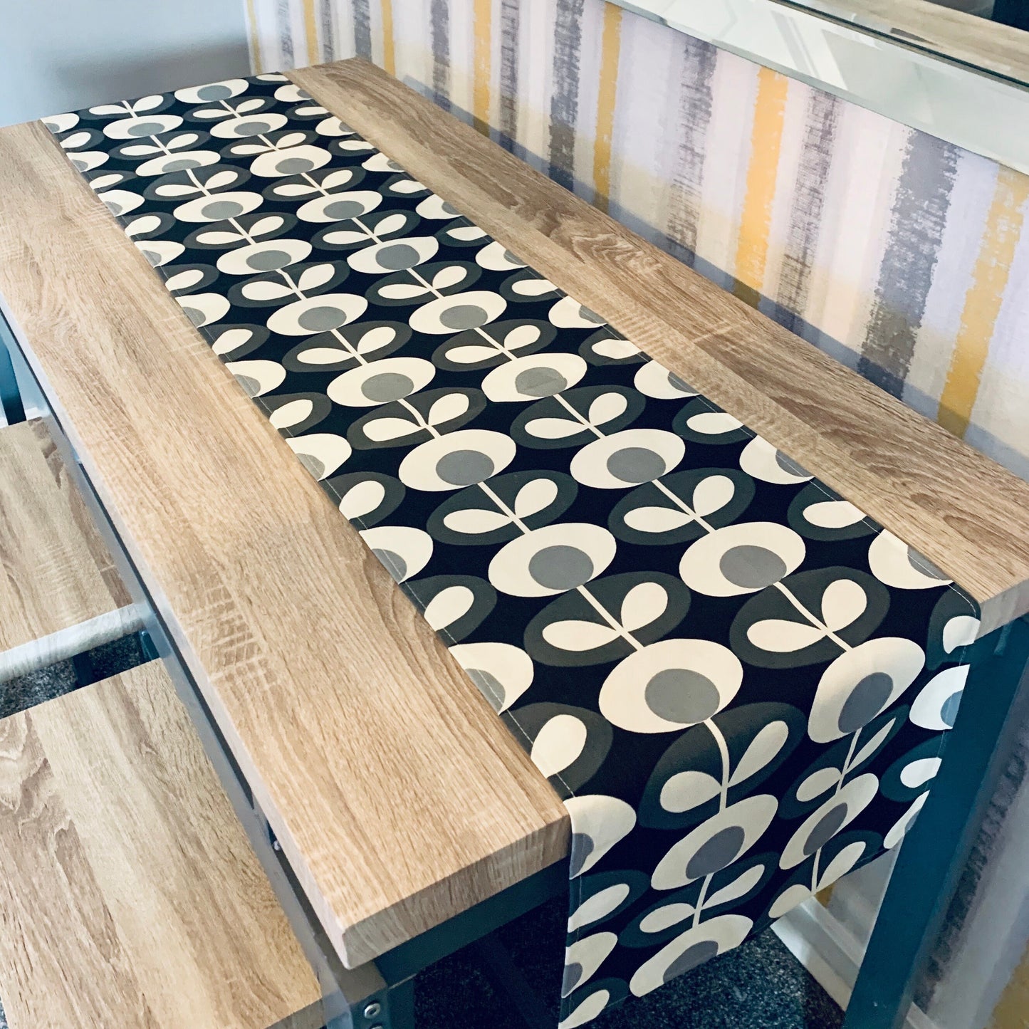 Grey Oval Stem Table Runner 120cm - 320cm Retro Modern Print, Orla Kiely Fabric, Home Decor, Great New Home Gift, Scandinavian Dining