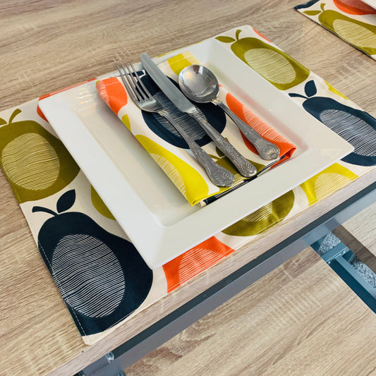 Colourful Pear Print Placemats, Napkins, BBQ Outdoor Dining, Bright Summer Table Linen, Retro kitchen accessories