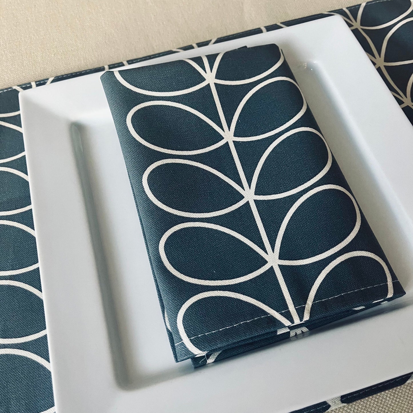 Grey Linear Stem Orla Kiely Fabric Placemats, Retro Napkins, Table Linen, Mid Century Home Decor, Kitchen accessories