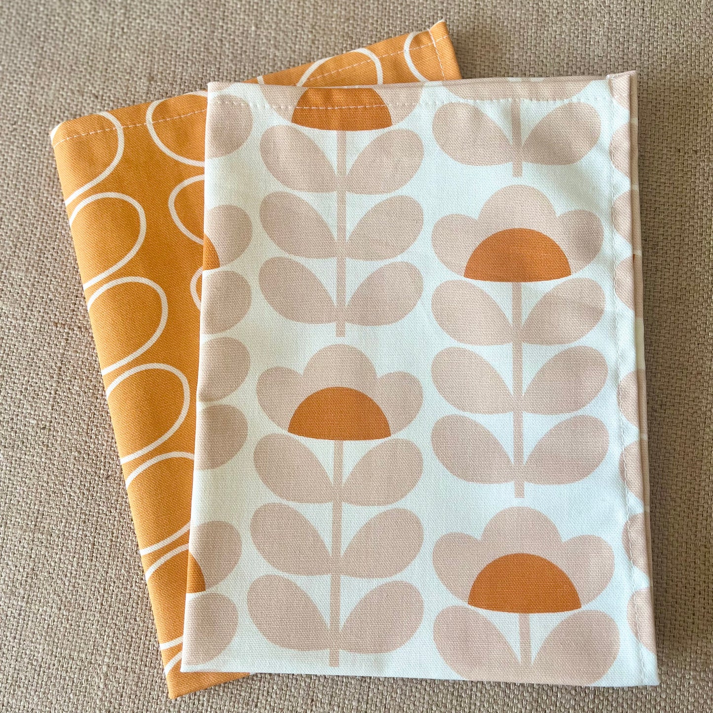 Retro Orange Tea Towels Pair, Modern Kitchen Decor, Handsewn Mid Century Orla Kiely Scandi Print