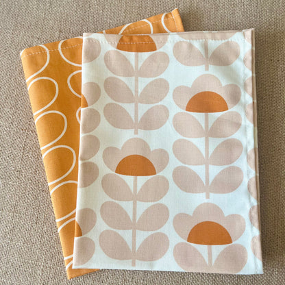 Retro Orange Tea Towels Pair, Modern Kitchen Decor, Handsewn Mid Century Orla Kiely Scandi Print