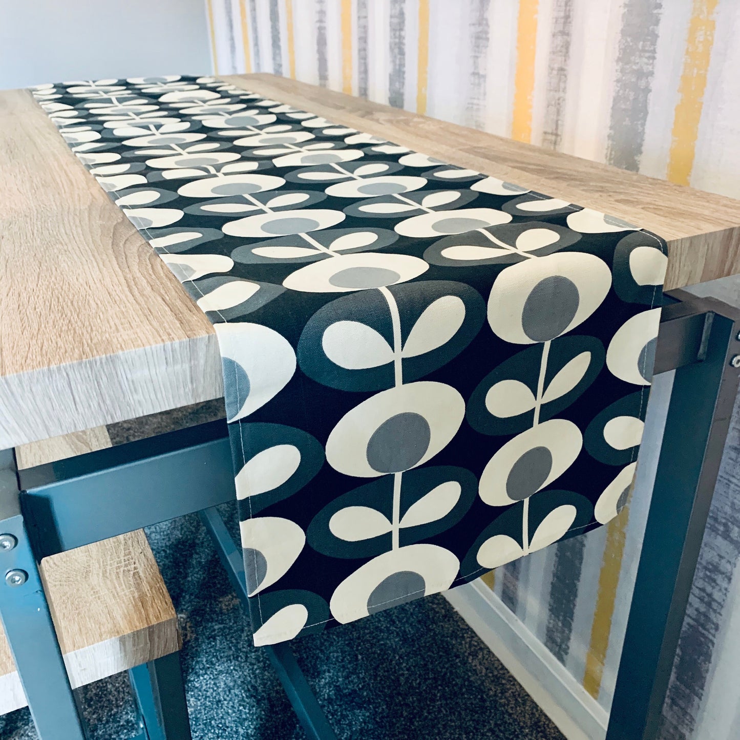 Grey Oval Stem Table Runner 120cm - 320cm Retro Modern Print, Orla Kiely Fabric, Home Decor, Great New Home Gift, Scandinavian Dining