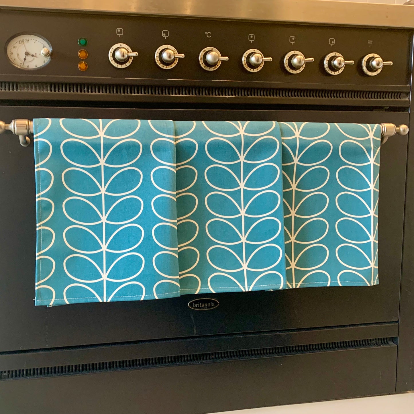 Retro Teal Blue Stem Tea Towels, Orla Kiely Fabric, Set of 3, Singles, Handsewn