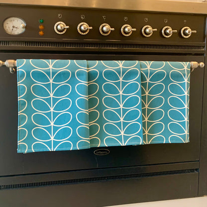 Retro Teal Blue Stem Tea Towels, Orla Kiely Fabric, Set of 3, Singles, Handsewn