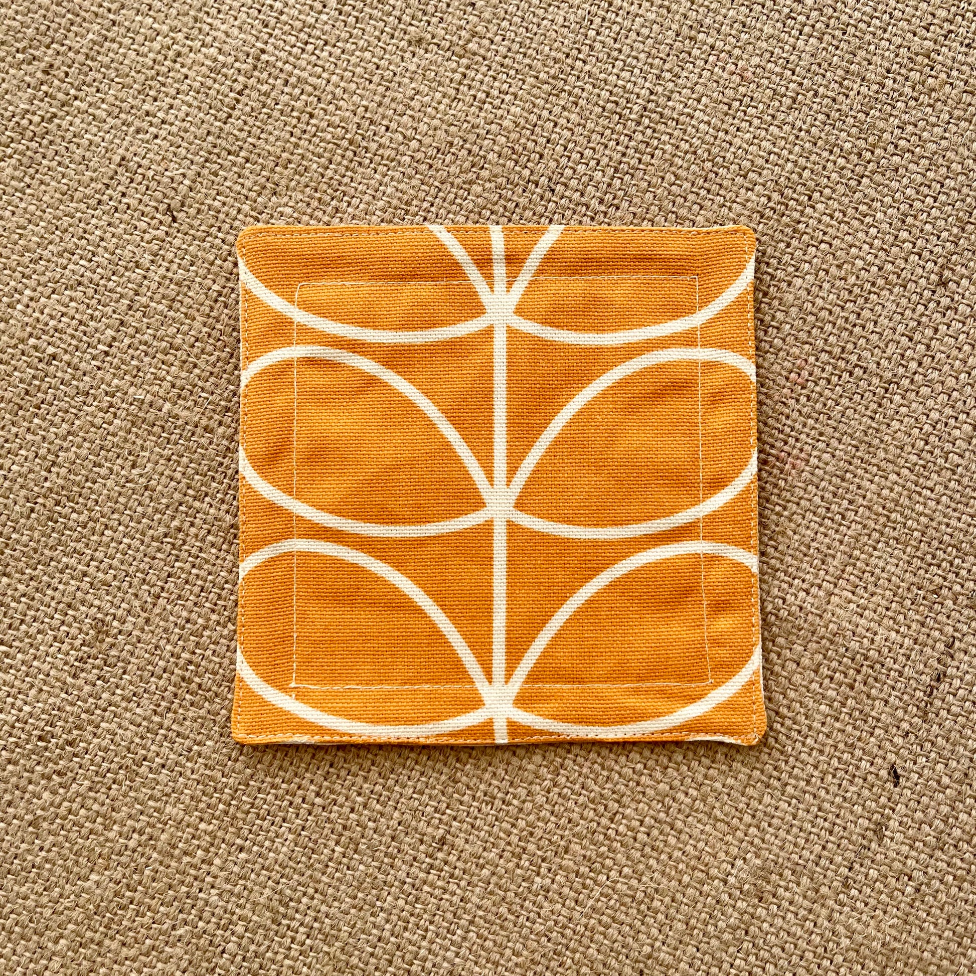 Retro Orange Orla Kiely Fabric Coasters x 2 - Papaya Stem & Sweet Pea, Set of Double-Sided Cotton Drinks Mat Mid Century Scandi Print