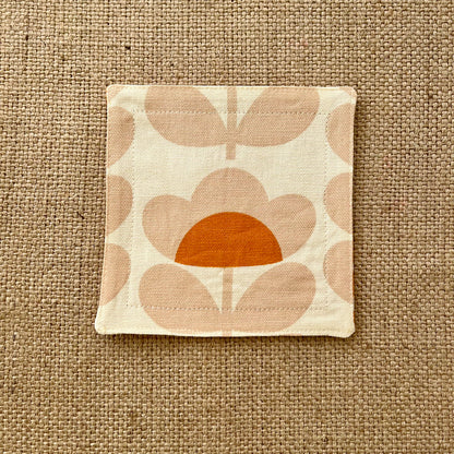 Retro Orange Orla Kiely Fabric Coasters x 2 - Papaya Stem & Sweet Pea, Set of Double-Sided Cotton Drinks Mat Mid Century Scandi Print