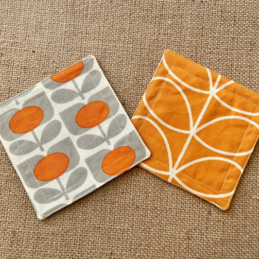 Retro Flower Orange Orla Kiely Fabric Coasters x 2 - Papaya Grey & Orange, Set of Double-Sided Cotton Drinks Mat Scandi Print