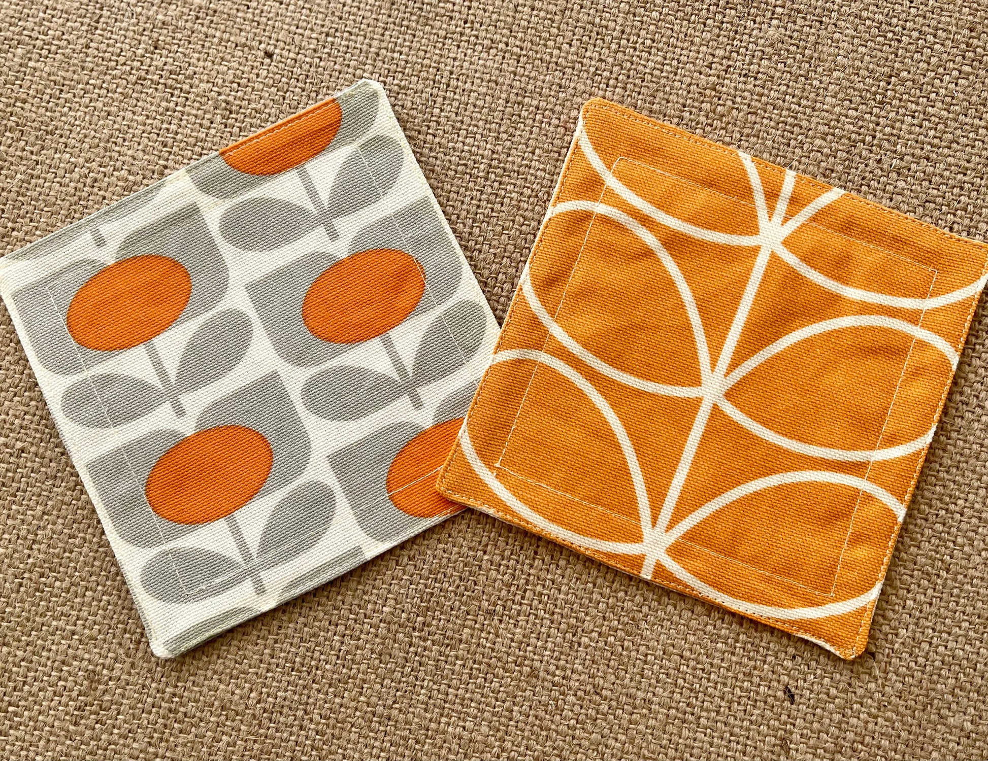 Orla Kiely Papaya Stem and Grey and Orange Flower Print Fabric Coasters Double Sided Set of 2. Mid Century Modern Retro Print
