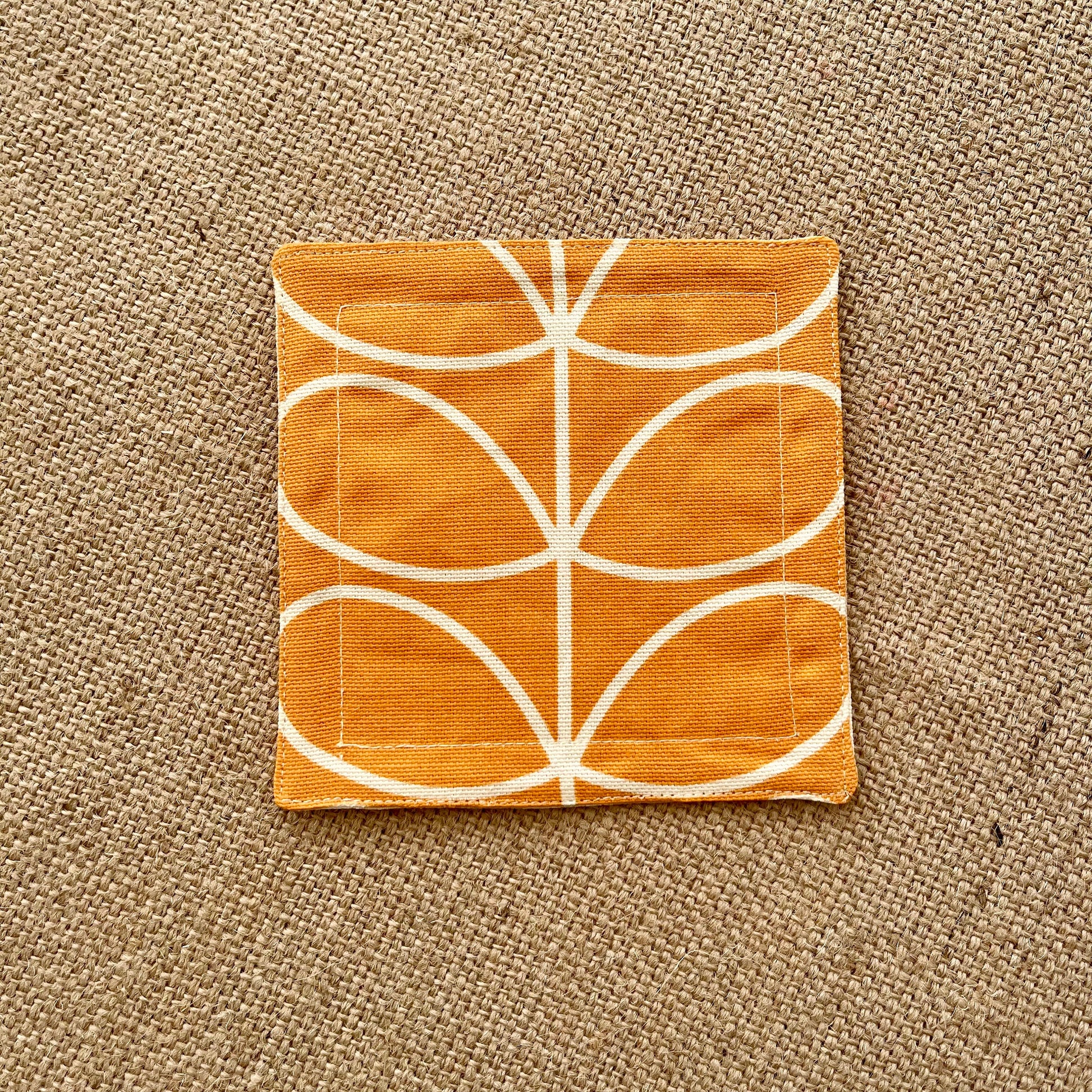 Retro Flower Orange Orla Kiely Fabric Coasters x 2 - Papaya Grey & Orange, Set of Double-Sided Cotton Drinks Mat Scandi Print