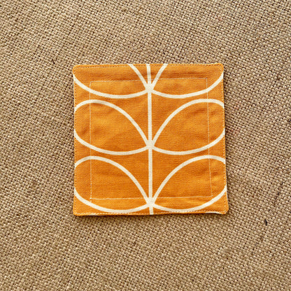 Retro Flower Orange Orla Kiely Fabric Coasters x 2 - Papaya Grey & Orange, Set of Double-Sided Cotton Drinks Mat Scandi Print