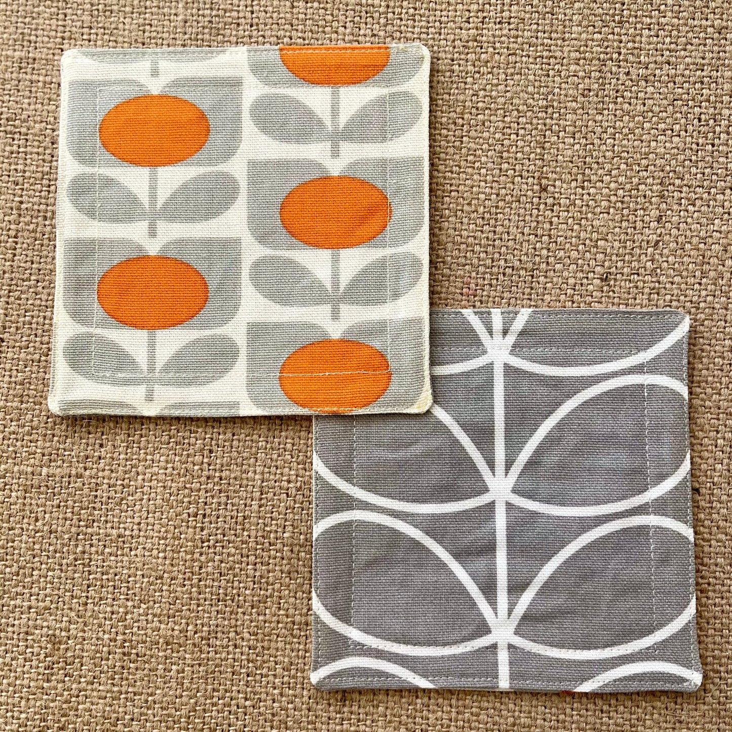 Retro Grey & Orange Orla Kiely Coasters x 2 - Silver Stem, Set of Double-Sided Cotton Drinks Mat Scandi Print