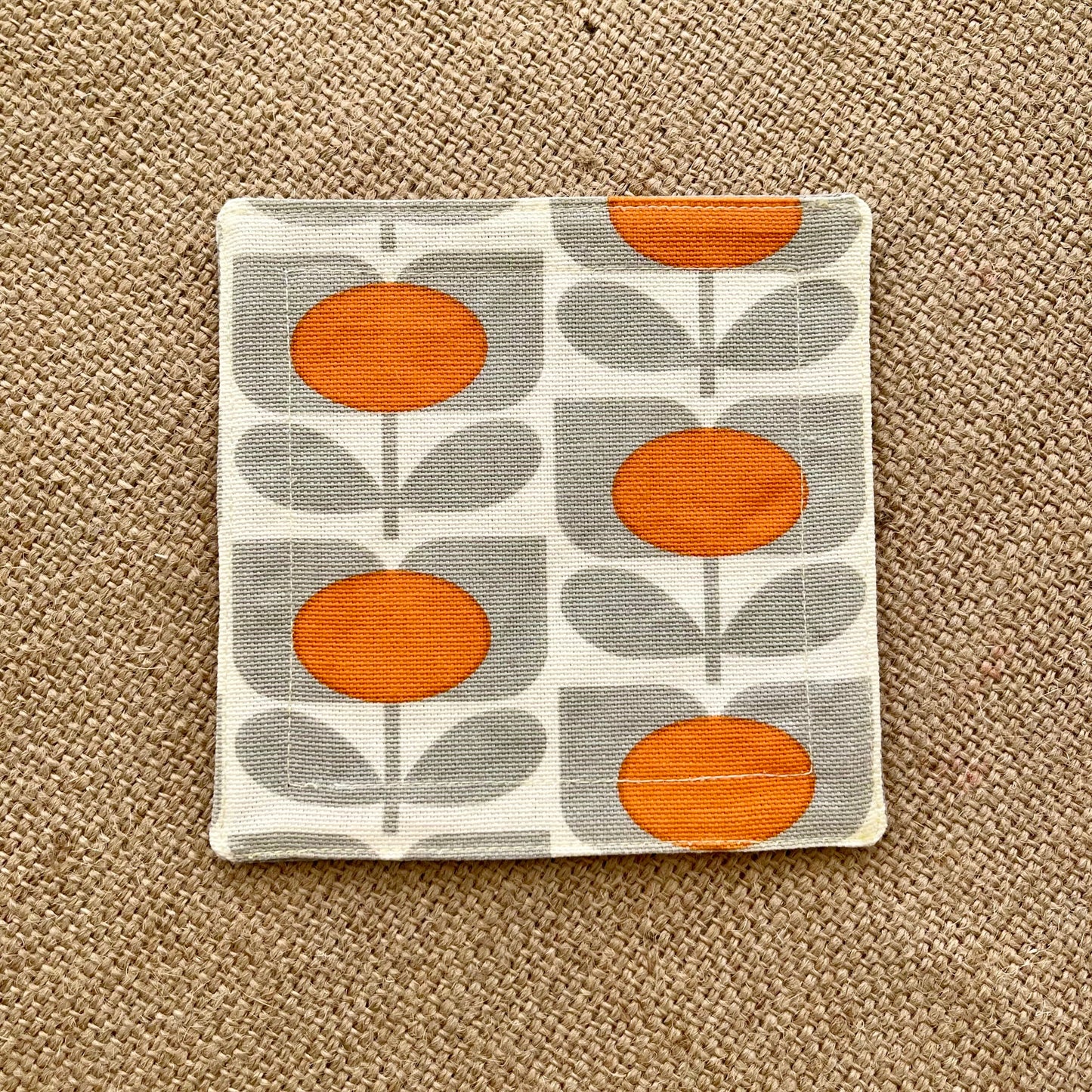 Retro Grey & Orange Orla Kiely Coasters x 2 - Silver Stem, Set of Double-Sided Cotton Drinks Mat Scandi Print