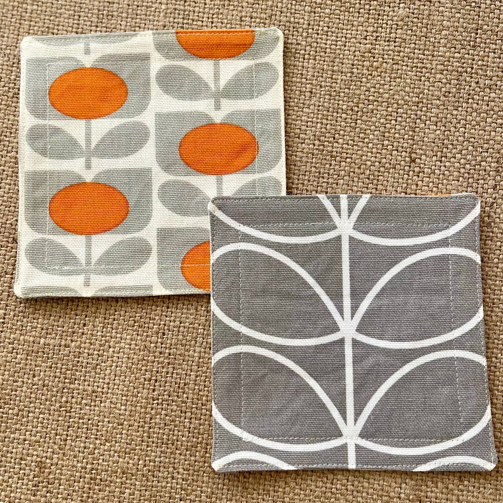 Retro Grey & Orange Orla Kiely Coasters x 2 - Silver Stem, Set of Double-Sided Cotton Drinks Mat Scandi Print