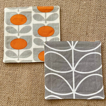 Retro Grey & Orange Orla Kiely Coasters x 2 - Silver Stem, Set of Double-Sided Cotton Drinks Mat Scandi Print