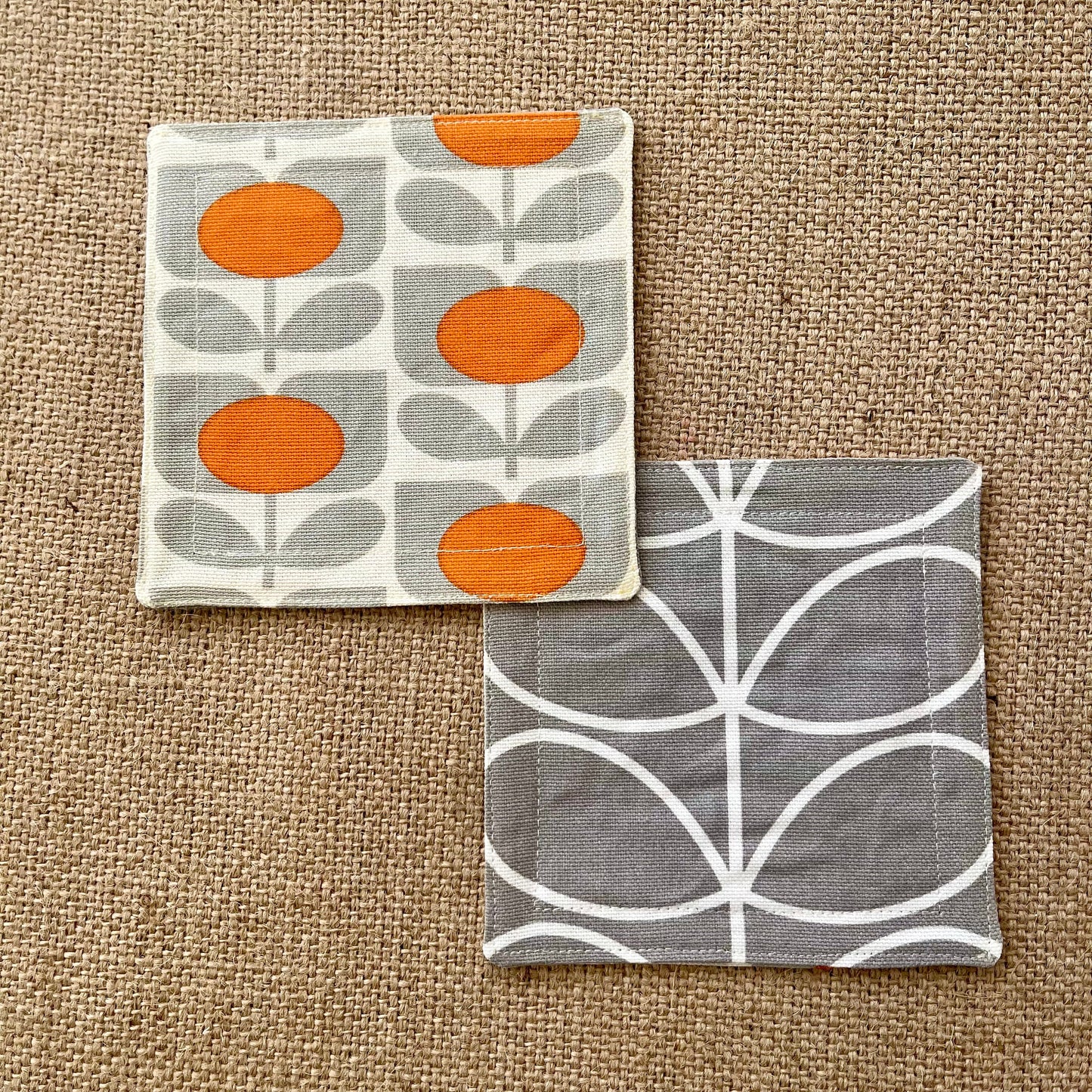 Retro Grey & Orange Orla Kiely Coasters x 2 - Silver Stem, Set of Double-Sided Cotton Drinks Mat Scandi Print