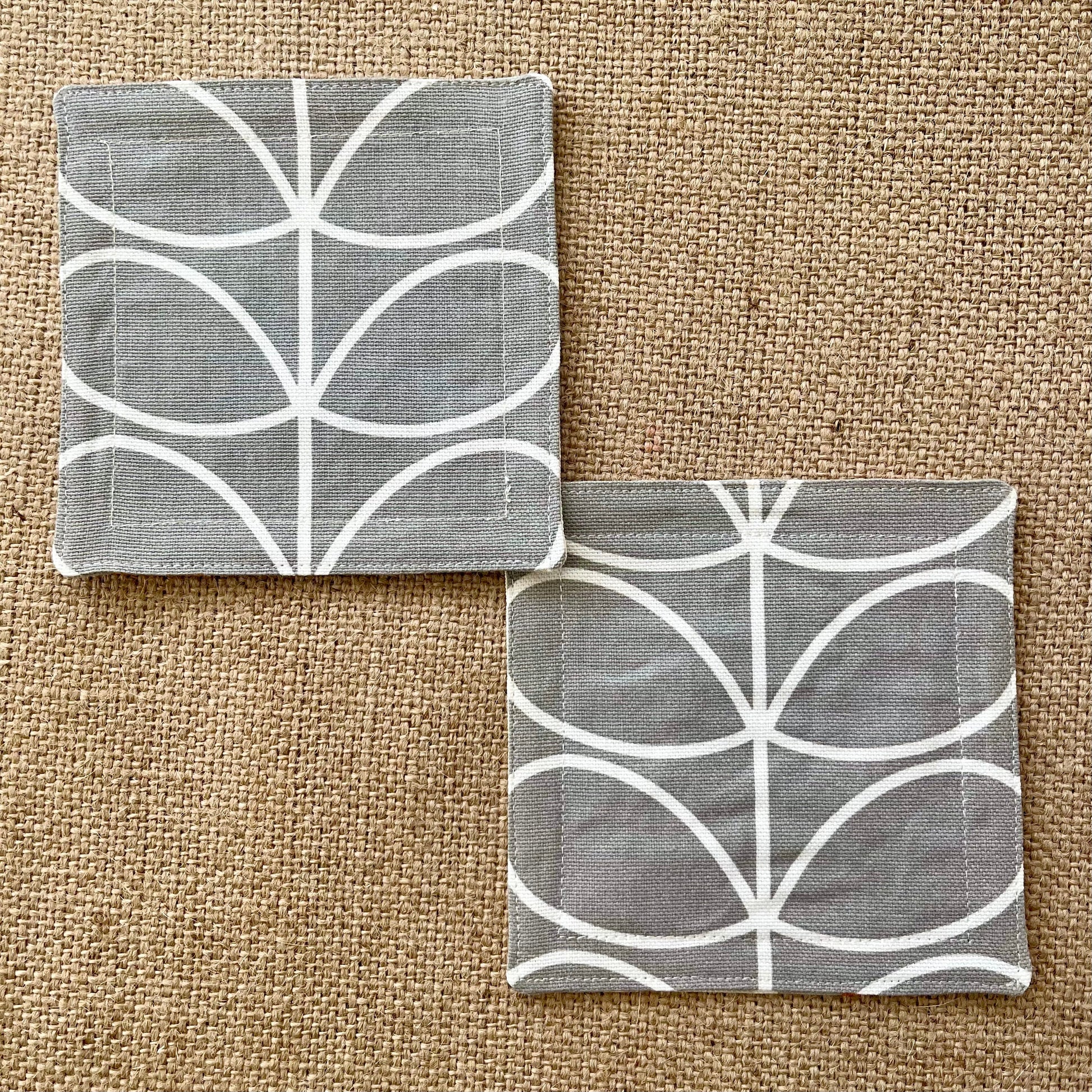 Retro Grey & Orange Orla Kiely Coasters x 2 - Silver Stem, Set of Double-Sided Cotton Drinks Mat Scandi Print