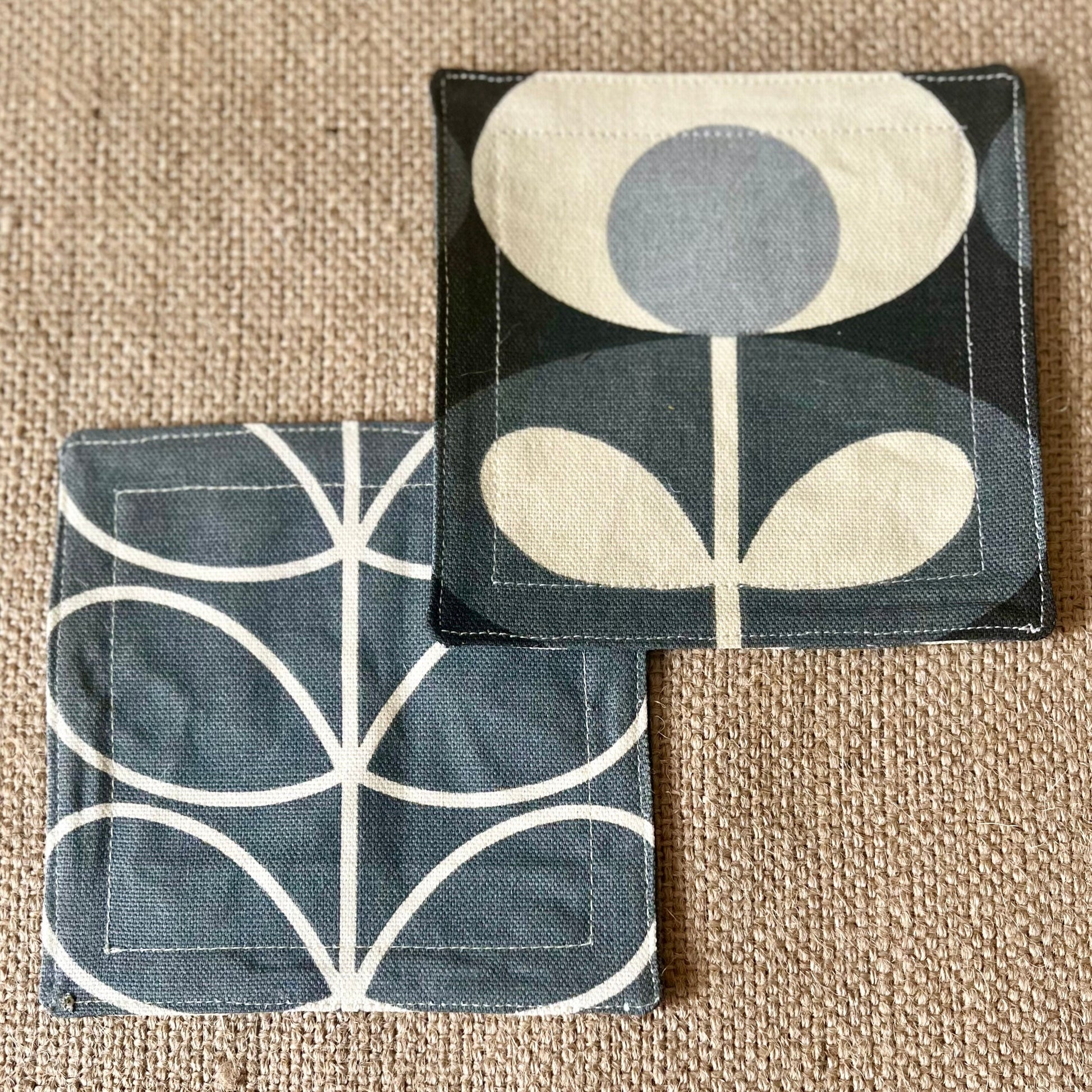 Orla Kiely Grey Oval and Grey Stem Print Fabric Coasters Double Sided Set of 2. Mid Century Modern Retro Print