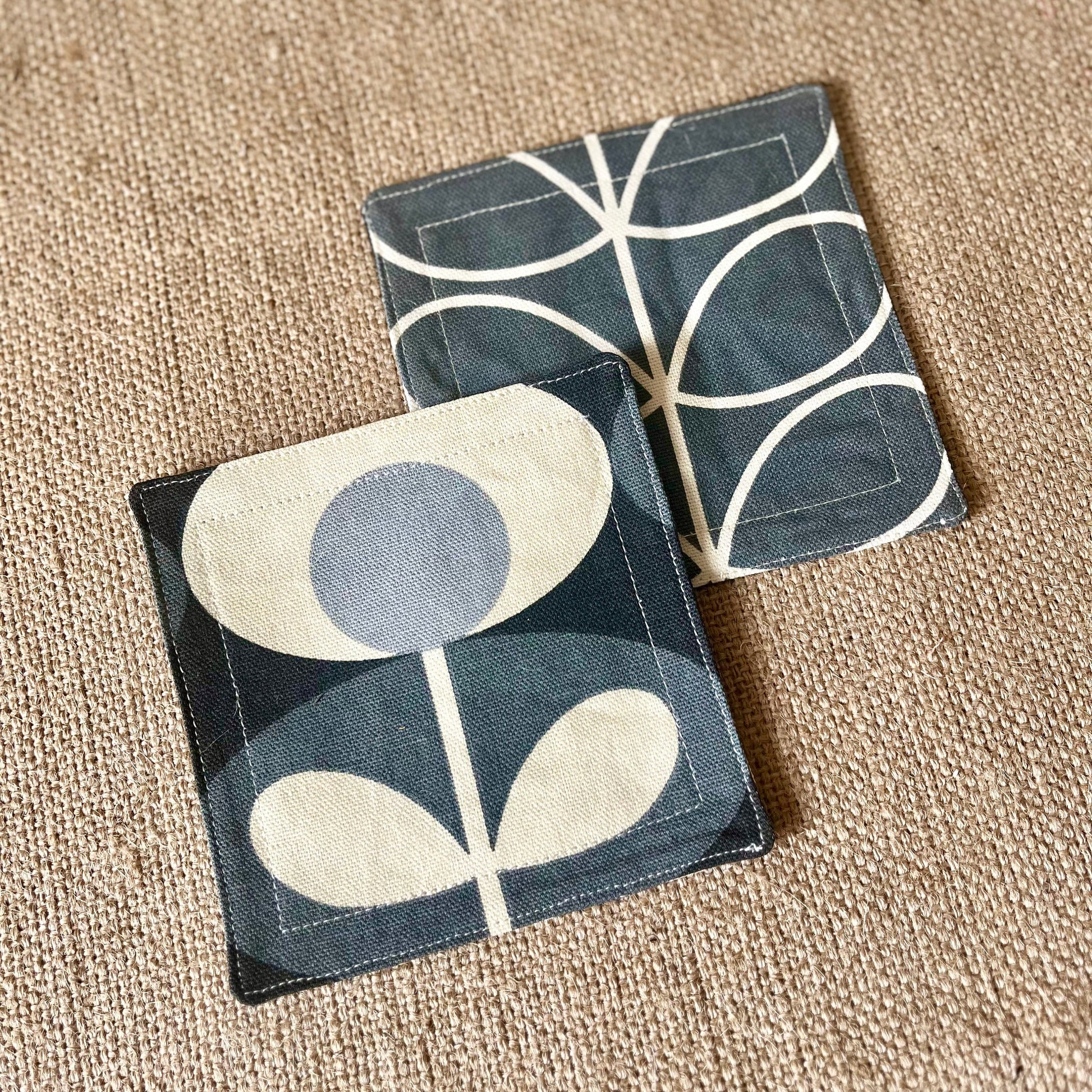 Orla Kiely Grey Oval and Grey Stem Print Fabric Coasters Double Sided Set of 2. Mid Century Modern Retro Print