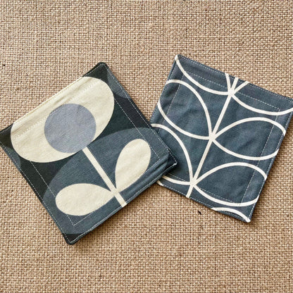 Orla Kiely Grey Oval and Grey Stem Print Fabric Coasters Double Sided Set of 2. Mid Century Modern Retro Print