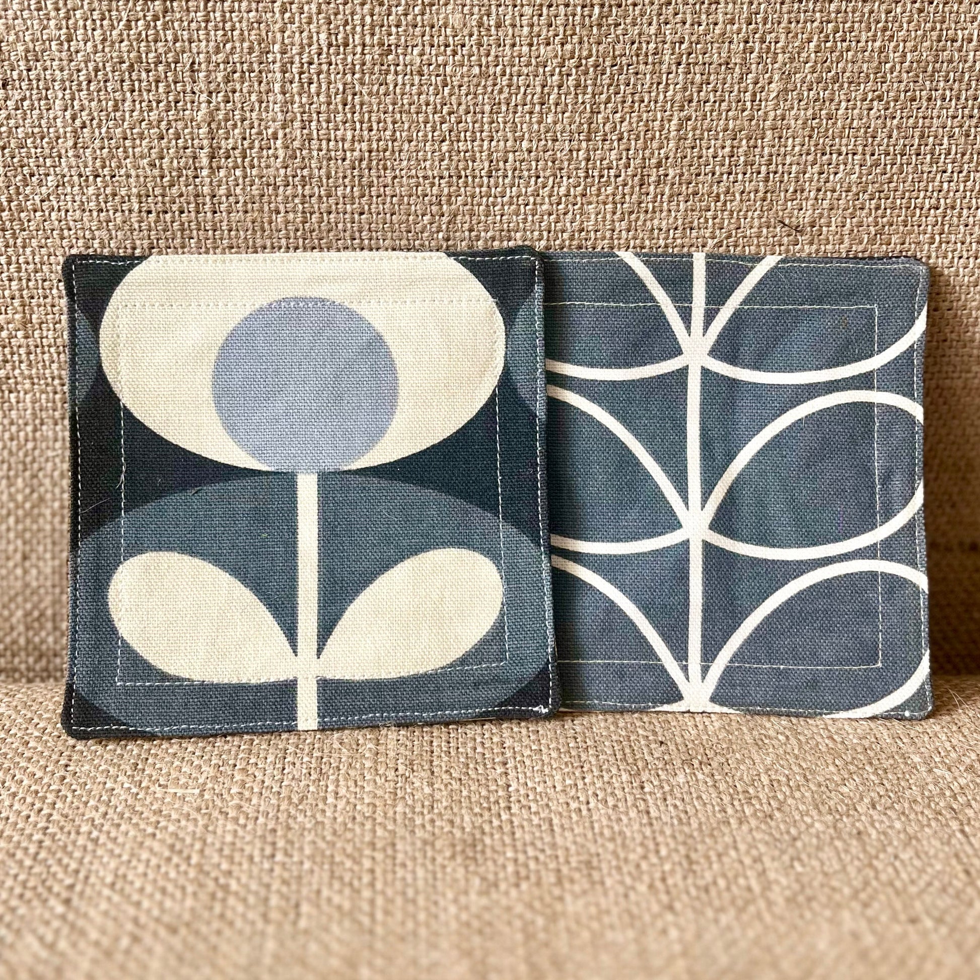 Orla Kiely Grey Oval and Grey Stem Print Fabric Coasters Double Sided Set of 2. Mid Century Modern Retro Print