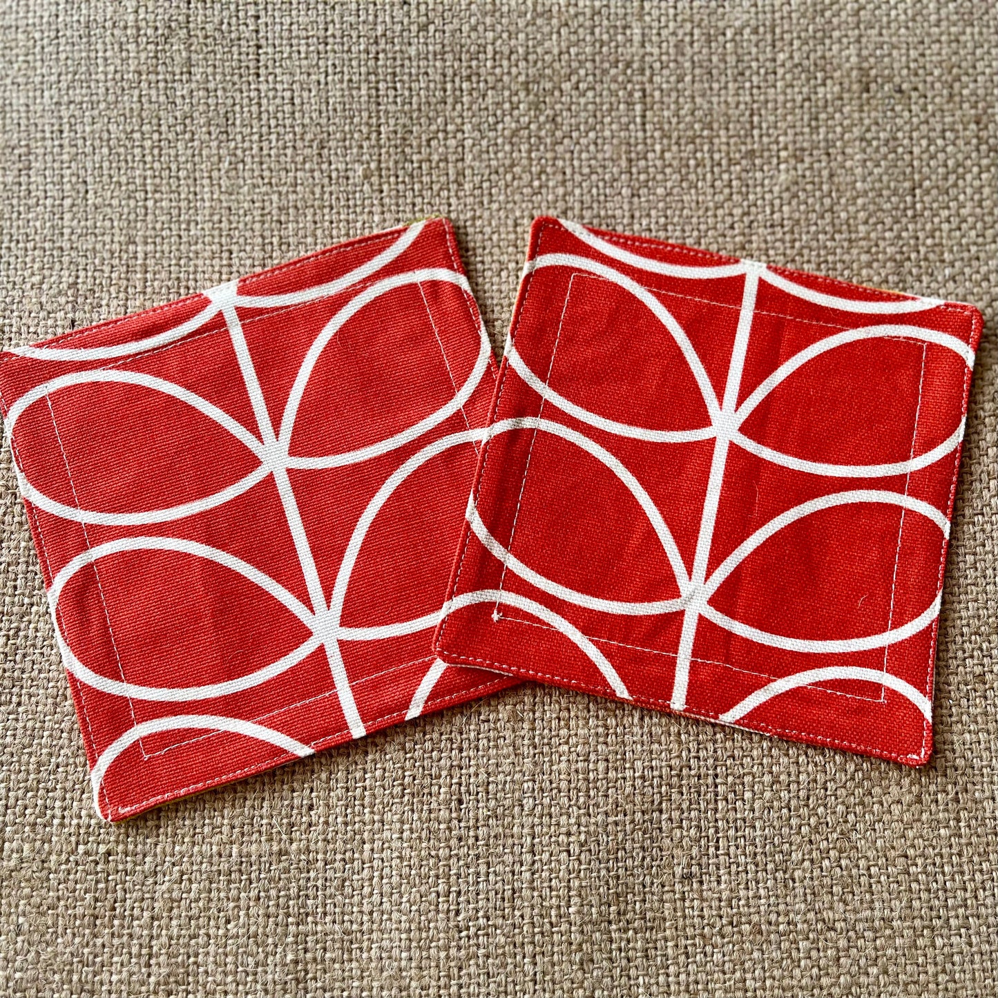 Orla Kiely Grey Oval and Grey Stem Print Fabric Coasters Double Sided Set of 2. Mid Century Modern Retro Print