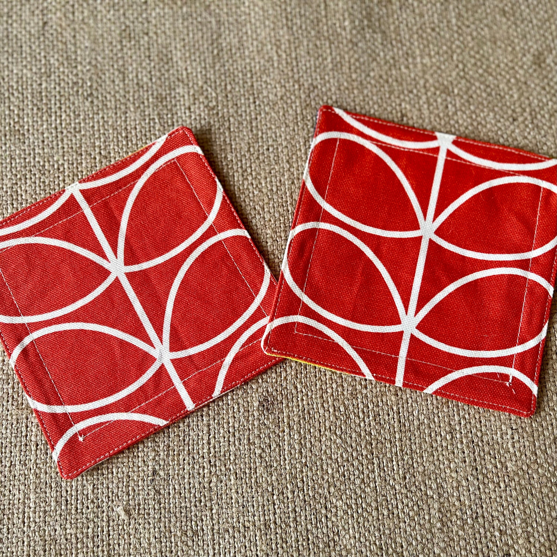 Orla Kiely Grey Oval and Grey Stem Print Fabric Coasters Double Sided Set of 2. Mid Century Modern Retro Print