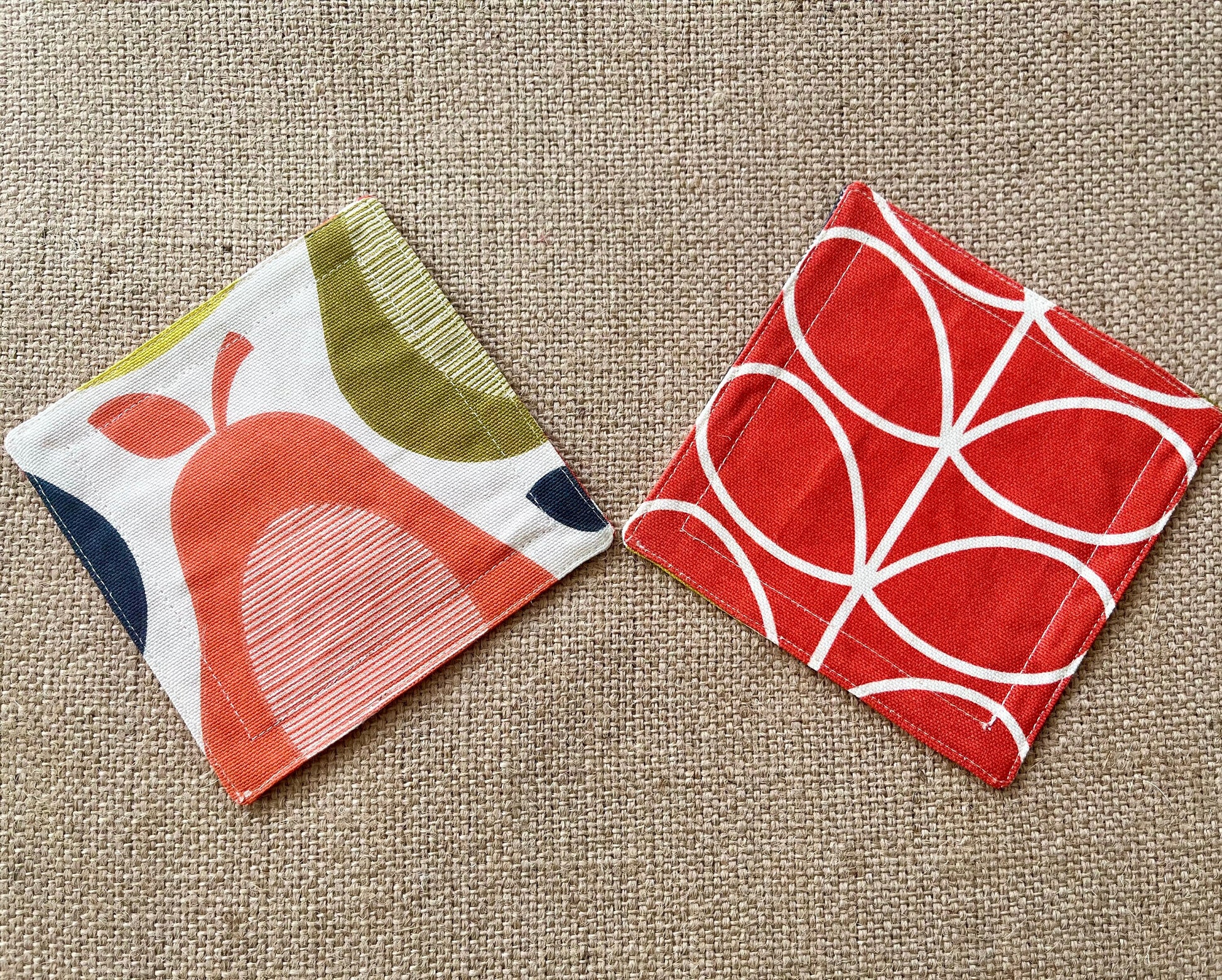 Orla Kiely Grey Oval and Grey Stem Print Fabric Coasters Double Sided Set of 2. Mid Century Modern Retro Print