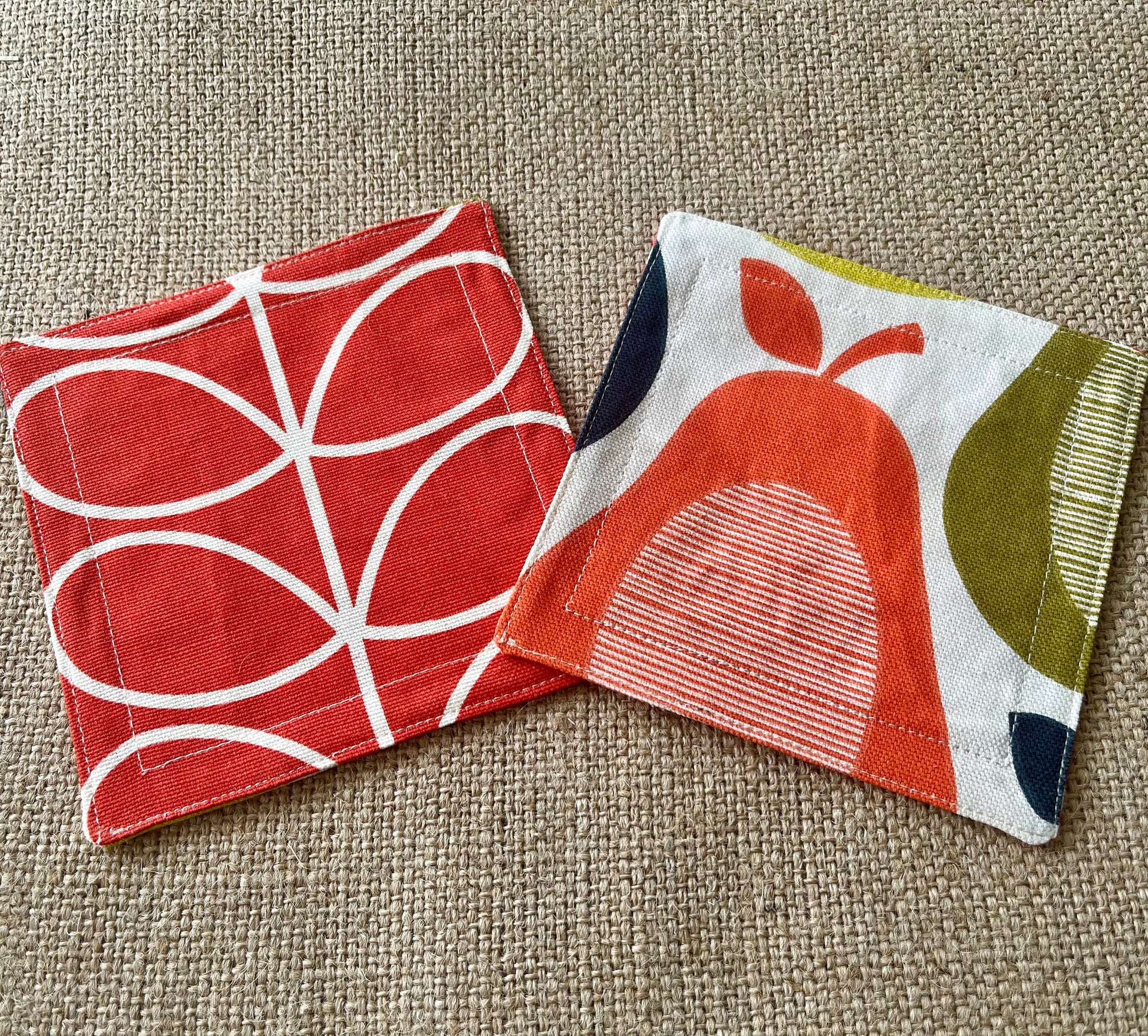 Orla Kiely Grey Oval and Grey Stem Print Fabric Coasters Double Sided Set of 2. Mid Century Modern Retro Print