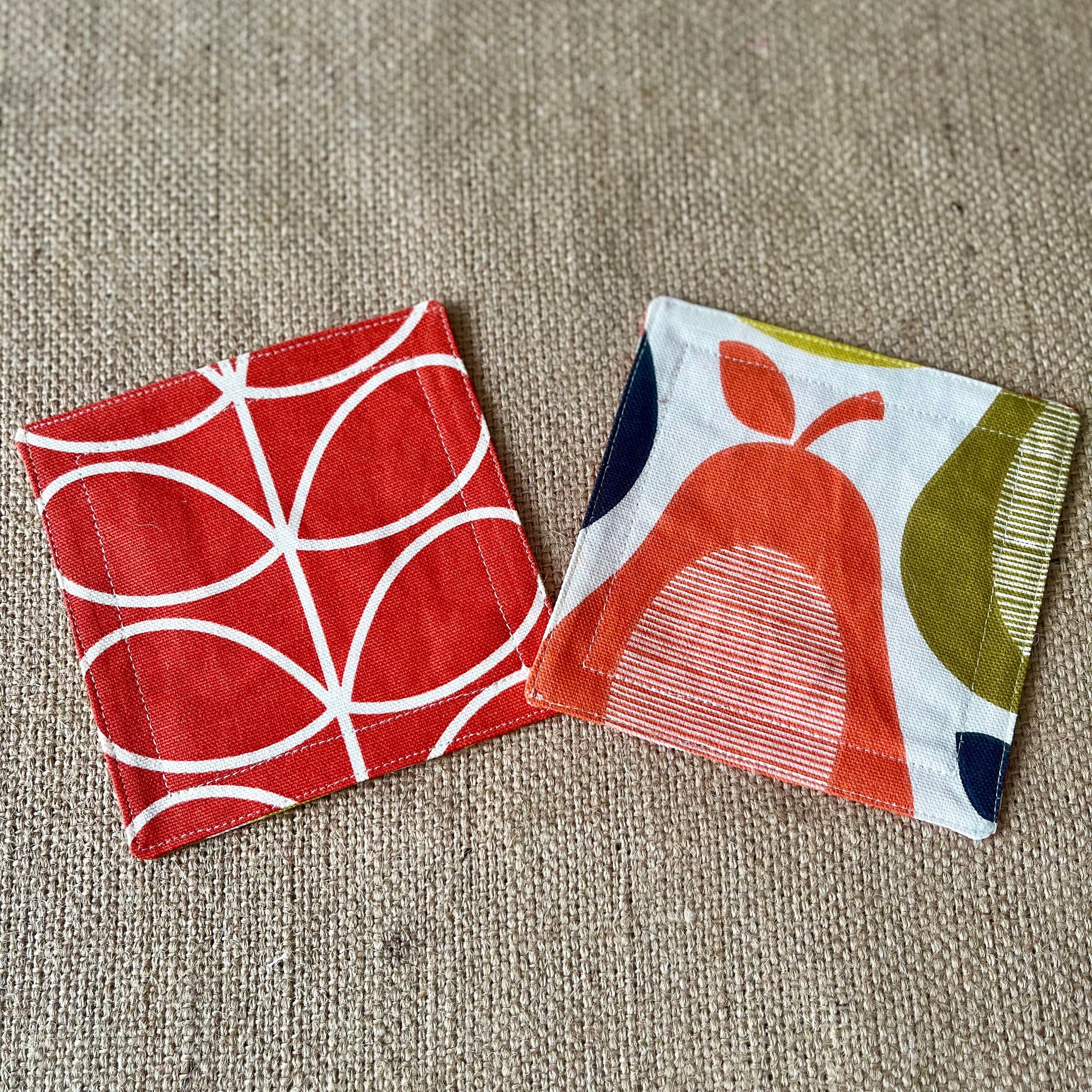 Orla Kiely Grey Oval and Grey Stem Print Fabric Coasters Double Sided Set of 2. Mid Century Modern Retro Print