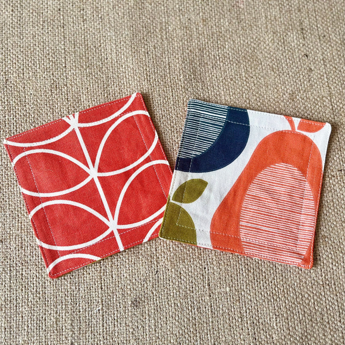 Orla Kiely Grey Oval and Grey Stem Print Fabric Coasters Double Sided Set of 2. Mid Century Modern Retro Print