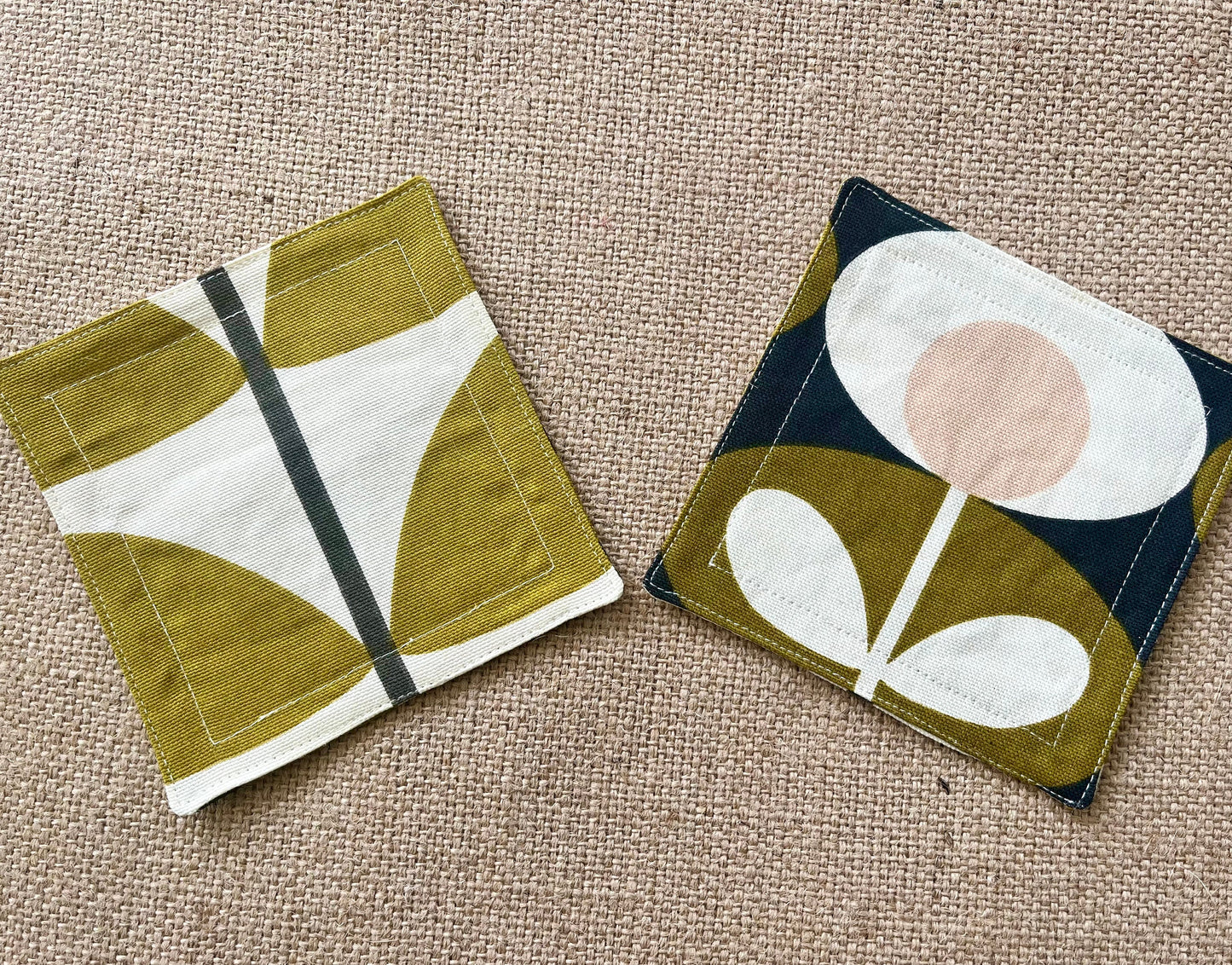 Orla Kiely Olive Oval and Olive Stem Print Fabric Coasters Double Sided Set of 2. Mid Century Modern Retro Print