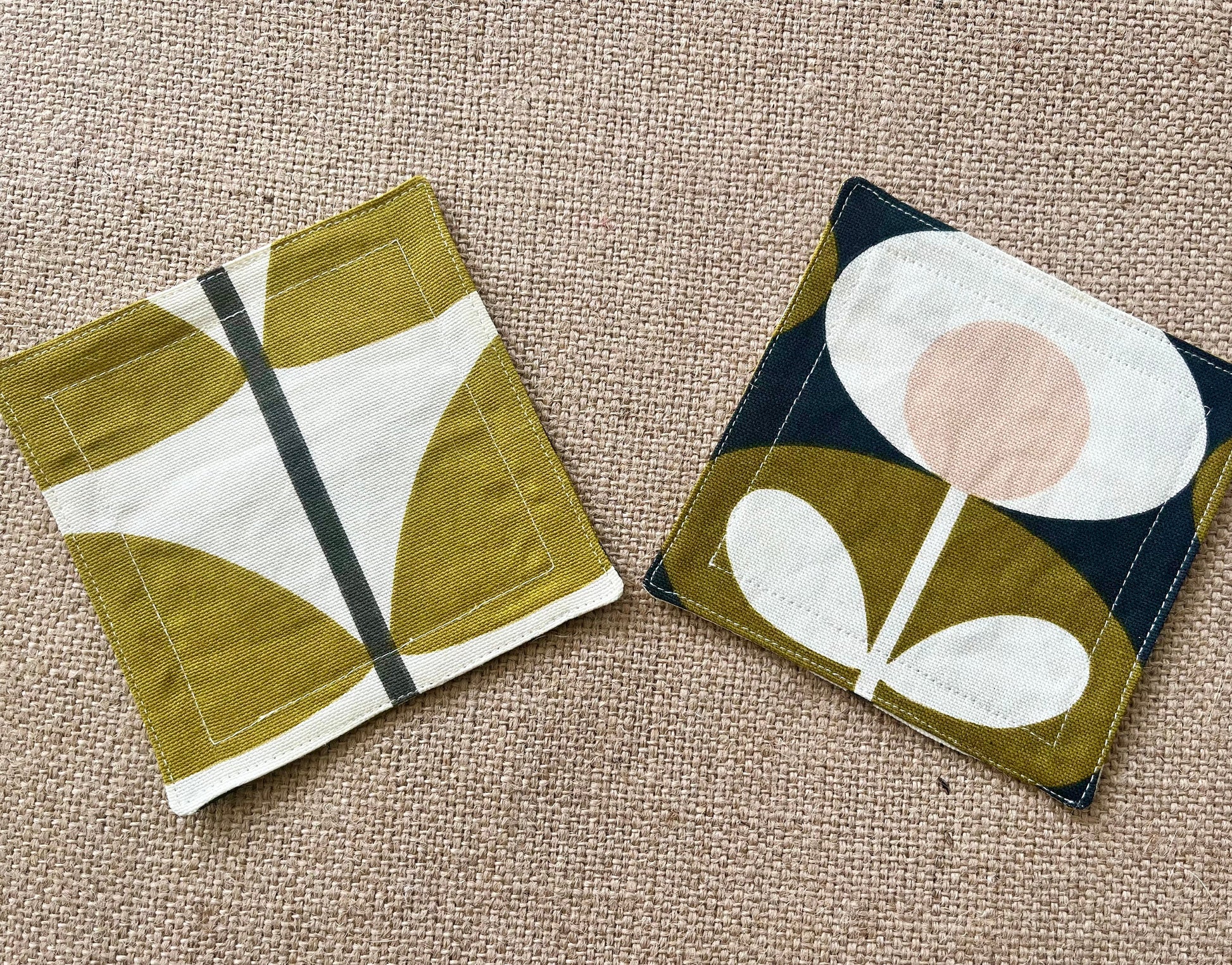 Orla Kiely Olive Oval and Olive Stem Print Fabric Coasters Double Sided Set of 2. Mid Century Modern Retro Print
